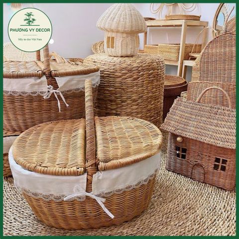 Giỏ Mây Có Nắp Trắng - Giỏ Picnic Dã Ngoại, Đựng Đồ Ăn & Trang Trí Decor Thời Trang