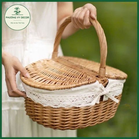 Giỏ Mây Có Nắp Trắng - Giỏ Picnic Dã Ngoại, Đựng Đồ Ăn & Trang Trí Decor Thời Trang