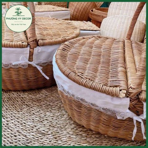 Giỏ Mây Có Nắp Trắng - Giỏ Picnic Dã Ngoại, Đựng Đồ Ăn & Trang Trí Decor Thời Trang