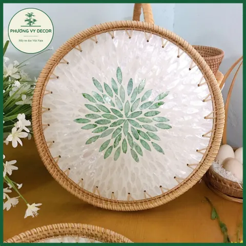 Khay Mây Khảm Trai Đẹp - Khay Đựng Trà, Trái Cây Trang Trí Bàn Ăn và Phụ Kiện Chụp Ảnh Tự Nhiên, Thủ Công Việt Nam