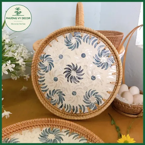 Khay Mây Khảm Trai Đẹp - Khay Đựng Trà, Trái Cây Trang Trí Bàn Ăn và Phụ Kiện Chụp Ảnh Tự Nhiên, Thủ Công Việt Nam