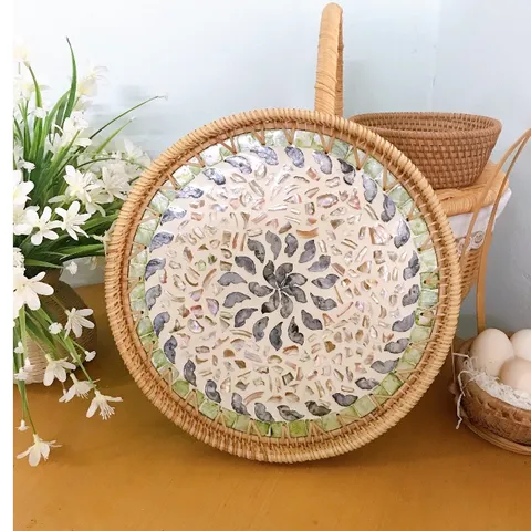 Khay Mây Khảm Trai Đẹp - Khay Đựng Trà, Trái Cây Trang Trí Bàn Ăn và Phụ Kiện Chụp Ảnh Tự Nhiên, Thủ Công Việt Nam