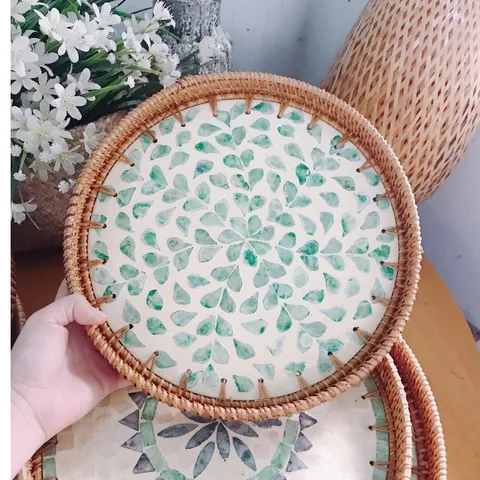 Khay Mây Khảm Trai Đẹp - Khay Đựng Trà, Trái Cây Trang Trí Bàn Ăn và Phụ Kiện Chụp Ảnh Tự Nhiên, Thủ Công Việt Nam