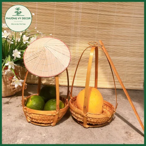 Quang Gánh Tre Trang Trí Cắm Hoa - Đồ Chơi Trẻ Em An Toàn, Kèm Nón Lá, Phù Hợp Để Bày Ngũ Quả Bàn Thờ Thần Tài