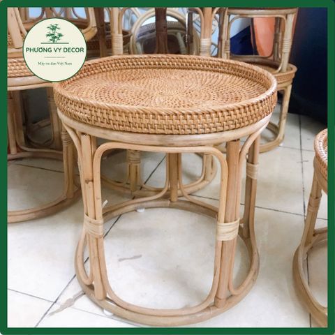 Bàn trà mây trang trí nhà cửa - Bàn mây tròn 37x35cm cho ban công, sân vườn, quán cafe - Phương Vy Decor siêu đẹp và bền chắc