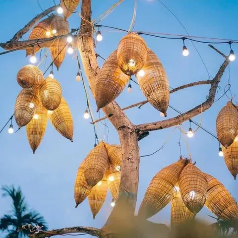 Combo 10 Chao Đèn Hình Đó Bắt Cá Trang Trí Nhà Hàng, Khách Sạn, Homestay - Đèn Chùm Tre Tự Nhiên 2 Màu Phương Vy Decor