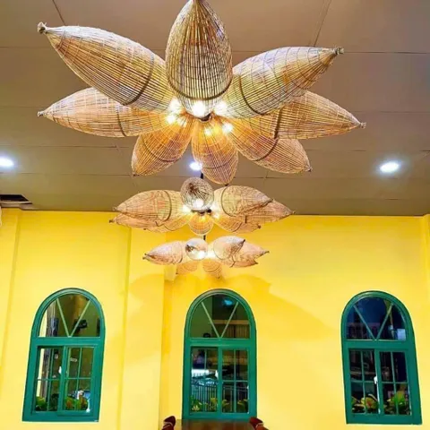 Combo 10 Chao Đèn Hình Đó Bắt Cá Trang Trí Nhà Hàng, Khách Sạn, Homestay - Đèn Chùm Tre Tự Nhiên 2 Màu Phương Vy Decor