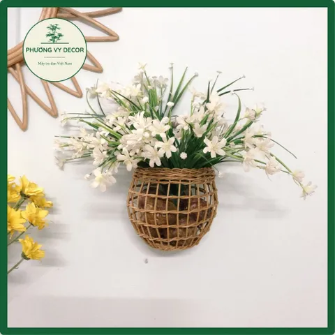 Giỏ mây đan treo tường cắm hoa, đựng hành tỏi, đồ chơi trang trí an toàn cho bé, thân thiện môi trường Phương Vy Decor