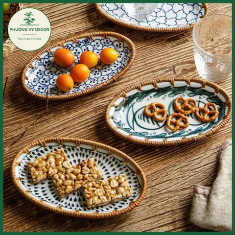 Đĩa Sứ Viền Mây Hình Bầu Dục Đựng Bánh Kẹo - Phụ Kiện Chụp Ảnh Món Ăn Độc Đáo từ Phương Vy Decor