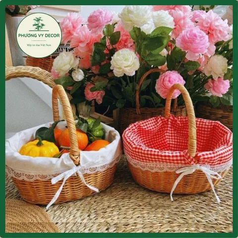 Giỏ Mây Picnic Có Nắp - Trang Trí Hiện Đại Lót Vải Ren Đáng Yêu Cho Chụp Ảnh Dã Ngoại, Đồ Gia Dụng Thời Thượng