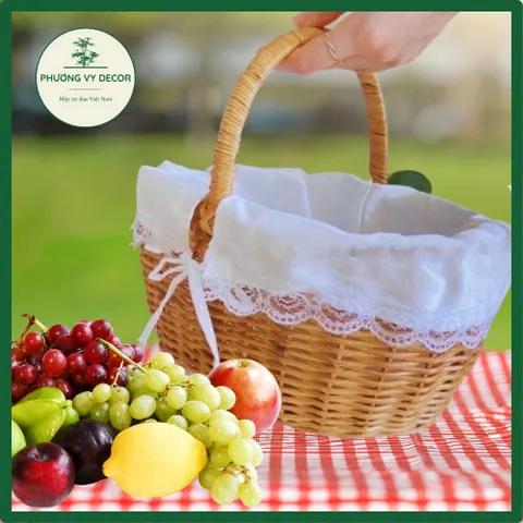 Giỏ Mây Picnic Có Nắp - Trang Trí Hiện Đại Lót Vải Ren Đáng Yêu Cho Chụp Ảnh Dã Ngoại, Đồ Gia Dụng Thời Thượng