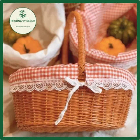 Giỏ Mây Picnic Có Nắp - Trang Trí Hiện Đại Lót Vải Ren Đáng Yêu Cho Chụp Ảnh Dã Ngoại, Đồ Gia Dụng Thời Thượng