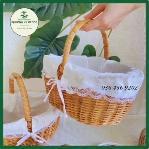 Giỏ Mây Picnic Có Nắp - Trang Trí Hiện Đại Lót Vải Ren Đáng Yêu Cho Chụp Ảnh Dã Ngoại, Đồ Gia Dụng Thời Thượng