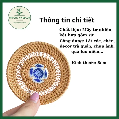Lót Ly Handmade Bằng Mây Tre Đan Kết Hợp Gốm Sứ - Trang Trí Bàn Ăn Cổ Điển, Độc Đáo, Thân Thiện Với Môi Trường