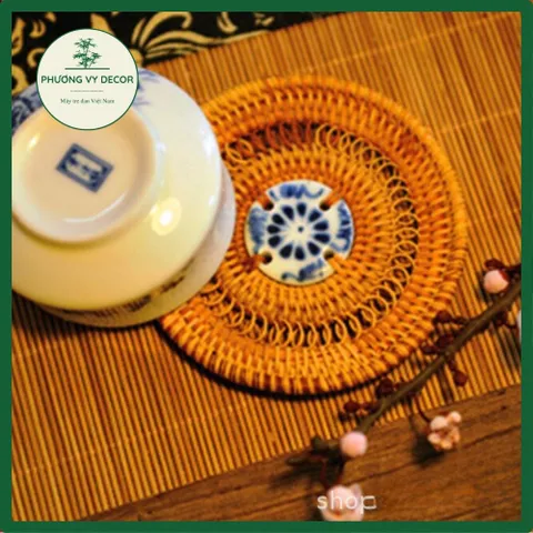 Lót Ly Handmade Bằng Mây Tre Đan Kết Hợp Gốm Sứ - Trang Trí Bàn Ăn Cổ Điển, Độc Đáo, Thân Thiện Với Môi Trường