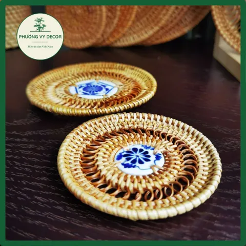 Lót Ly Handmade Bằng Mây Tre Đan Kết Hợp Gốm Sứ - Trang Trí Bàn Ăn Cổ Điển, Độc Đáo, Thân Thiện Với Môi Trường