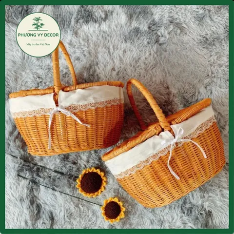 Giỏ mây có nắp trang trí, giỏ mây picnic chụp ảnh decor xinh xắn Phương Vy Decor