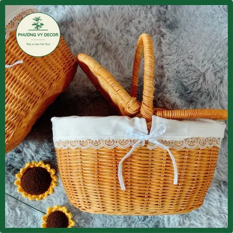 Giỏ mây có nắp trang trí, giỏ mây picnic chụp ảnh decor xinh xắn Phương Vy Decor