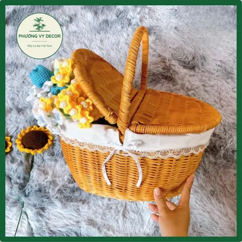 Giỏ mây có nắp trang trí, giỏ mây picnic chụp ảnh decor xinh xắn Phương Vy Decor