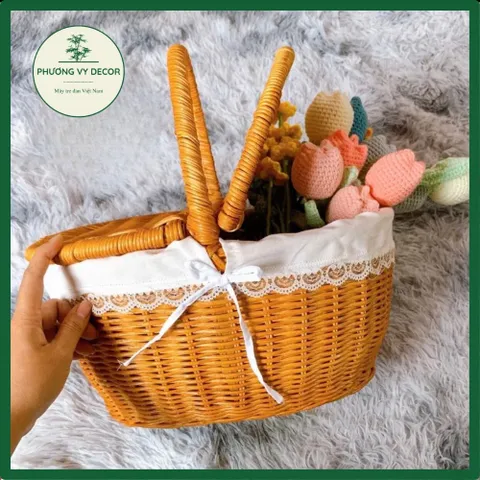 Giỏ mây có nắp trang trí, giỏ mây picnic chụp ảnh decor xinh xắn Phương Vy Decor