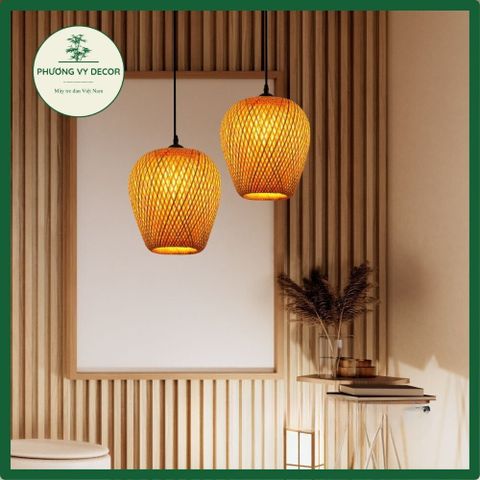 Chao đèn tre hai lớp trang trí - Đèn thả handmade tự nhiên cho phòng khách, phòng ngủ, quán cafe - Phương Vy Decor