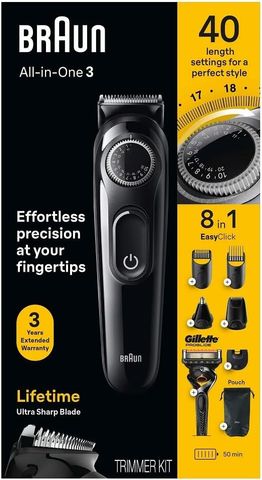Tông Đơ Braun 3470 8-in-1 Chuyên Dụng Cạo Tỉa Râu, Tóc, Lông Mũi, Tạo Kiểu Râu Chính Xác, Pin Li-Ion 100 Phút