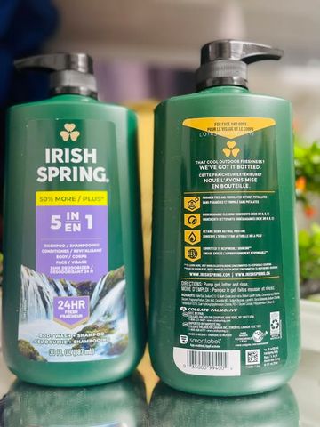 Sữa Tắm Gội Xả Irish Spring 5 In 1 USA 591ml - Giải Pháp Chăm Sóc Đầu Tóc và Cơ Thể Nam Tính, Hương Thơm Lâu Dài