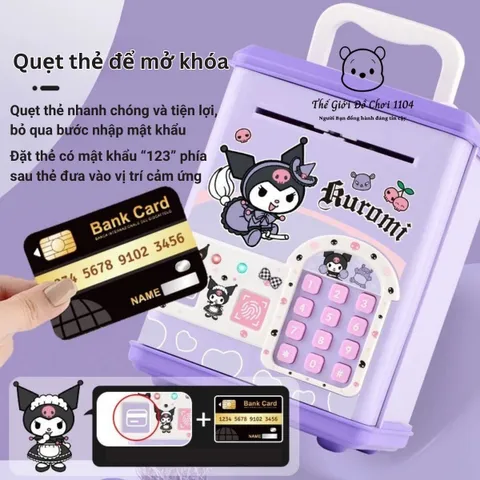 Két Sắt Mini Thông Minh Kuromi, Melody, Labubu - Ống Heo Có Khóa Vân Tay, Quẹt Thẻ, Âm Nhạc Vui Nhộn, Đèn LED Màu Sắc