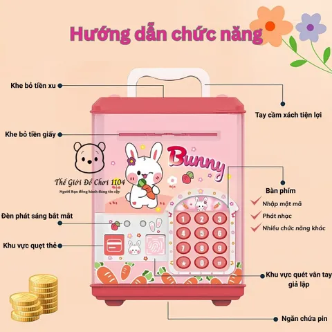 Két Sắt Mini Thông Minh Kuromi, Melody, Labubu - Ống Heo Có Khóa Vân Tay, Quẹt Thẻ, Âm Nhạc Vui Nhộn, Đèn LED Màu Sắc