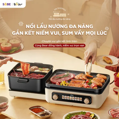 Nồi lẩu nướng đa năng Bear GR-5H22R83 - Thiết bị 2 trong 1 cho bữa tiệc gia đình, công suất 2100W, thiết kế gấp gọn, dễ dàng vệ sinh.