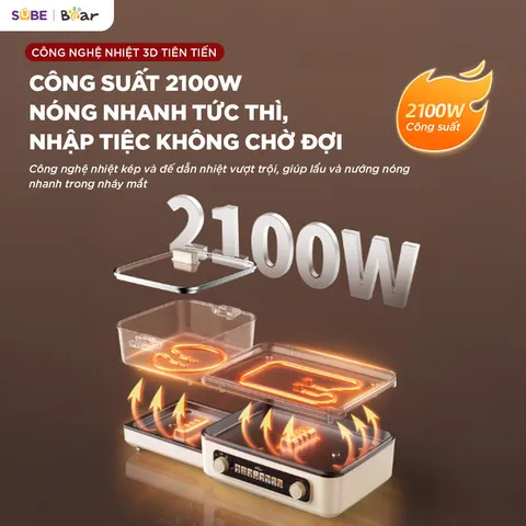 Nồi lẩu nướng đa năng Bear GR-5H22R83 - Thiết bị 2 trong 1 cho bữa tiệc gia đình, công suất 2100W, thiết kế gấp gọn, dễ dàng vệ sinh.