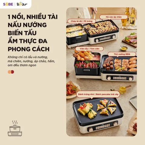 Nồi lẩu nướng đa năng Bear GR-5H22R83 - Thiết bị 2 trong 1 cho bữa tiệc gia đình, công suất 2100W, thiết kế gấp gọn, dễ dàng vệ sinh.