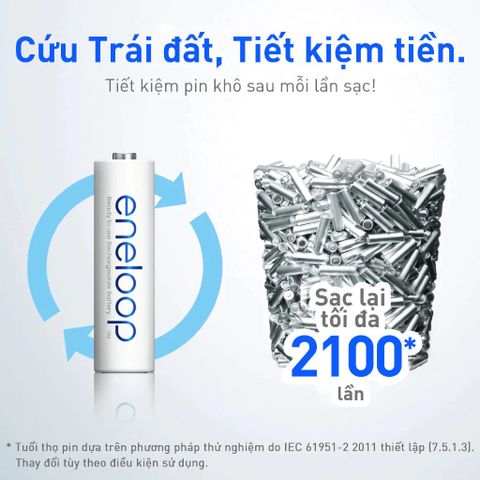Pin Sạc Panasonic Eneloop AA/AAA 1.2V NiMH 1900mAh/800mAh - Bộ 4 Viên, Sạc Lại 2100 Lần, Bảo Vệ Môi Trường, Tiện Lợi Cho Thiết Bị Điện Tử