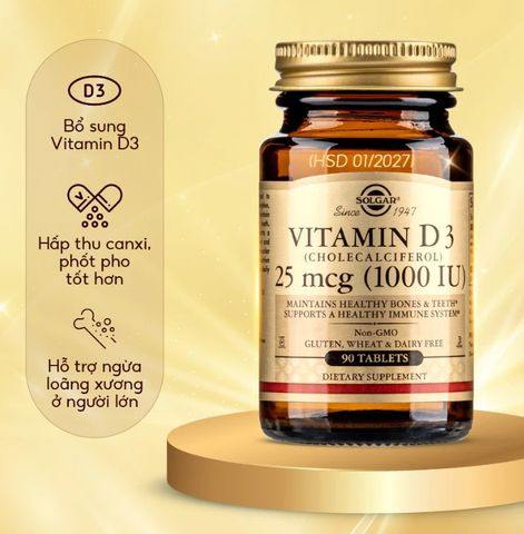 [Nhập khẩu] Viên Uống Solgar Vitamin D3 1000 IU - Hỗ Trợ Sức Khỏe Xương Khớp [Lọ 90 Viên] 318484