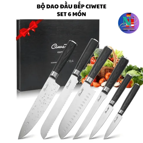 Bộ dao Ciwete 6 món cao cấp - Thép carbon bền, sắc bén, thiết kế sang trọng, chuẩn đầu bếp Mỹ, đồ gia dụng nhà bếp lý tưởng
