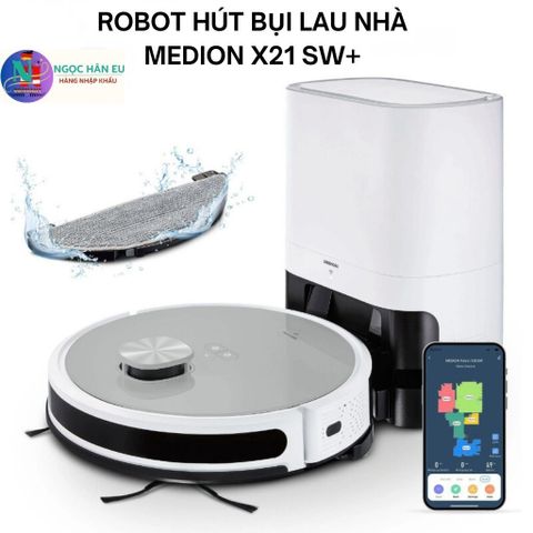 Robot hút bụi lau nhà Medion X21 SW+ thông minh tự đổ rác, công suất mạnh 3000Pa, điều khiển qua ứng dụng, nhập khẩu Đức, bảo hành 12 tháng