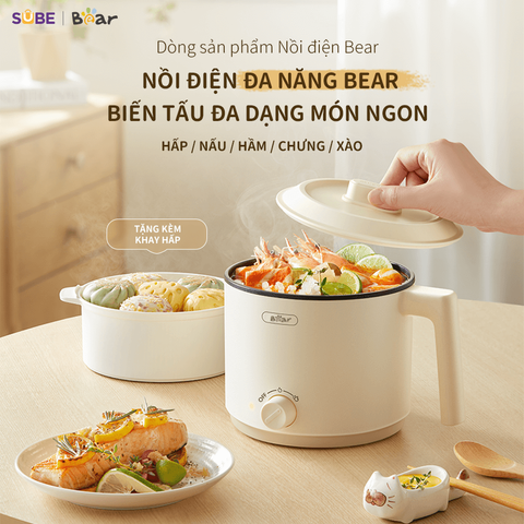 Nồi nấu điện đa năng Bear MC-4H16H 1.2L - Thiết kế nhỏ gọn, nhiều chức năng: nấu lẩu, hấp, xào, hầm cho 1-2 người, tiện lợi và an toàn.
