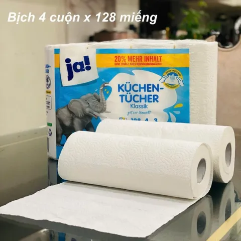 Khăn Giấy Nhà Bếp Ja! - 4 Cuộn x 128 Tờ, 100% Bột Giấy Tự Nhiên, An Toàn, Dai Mịn, Thấm Hút Tốt, Giấy Đa Năng Thân Thiện Môi Trường