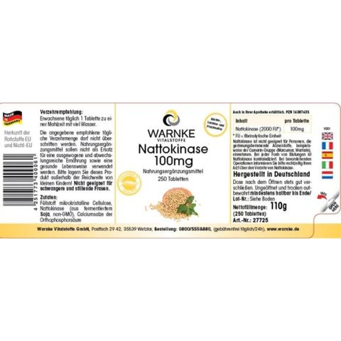 Viên Uống Chống Đột Quỵ Warnke Nattokinase 100mg - Sản phẩm phòng ngừa tai biến mạch máu não, 250 Viên Hỗ Trợ Tim Mạch, Hữu Cơ, Đức