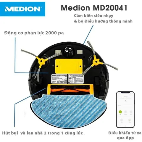 Robot Lau Nhà, Hút Bụi Medion MD20041 Intelligent 2in1 Cleaning With Extra Power
