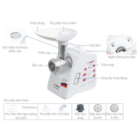 Máy Xay Thịt Đa Năng Bosch MFW3502W - 500W, Thiết Kế Thanh Lịch, Xay 1.8kg Thịt/Phút, Chất Liệu Cao Cấp, Dễ Dàng Sử Dụng