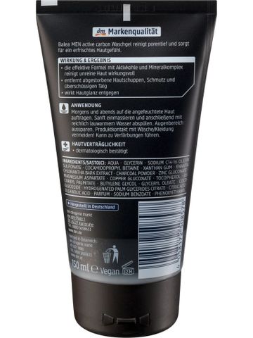 Gel Rửa Mặt Balea MEN Active Carbon - Làm Sạch Sâu Da Mụn, Kiểm Soát Bóng Nhớt, An Toàn, Công Thức Than Hoạt Tính Cho Nam