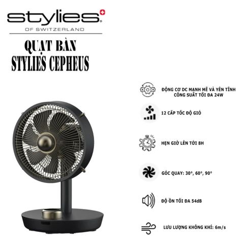 Quạt bàn STYLIES CEPHEUS mini mạnh mẽ - 12 cấp độ gió, động cơ DC bền bỉ, thiết kế sang trọng, hoàn hảo cho mùa hè mát lạnh