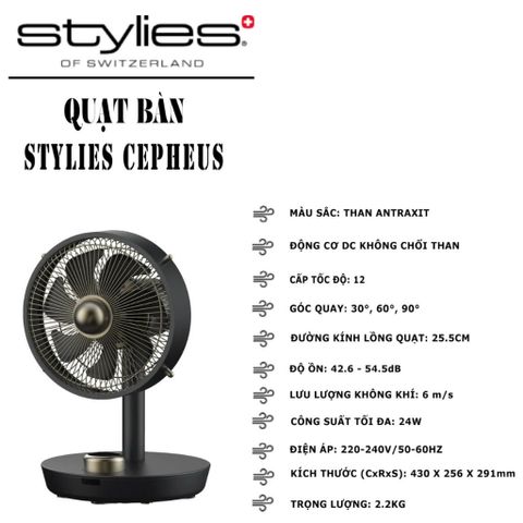 Quạt bàn STYLIES CEPHEUS mini mạnh mẽ - 12 cấp độ gió, động cơ DC bền bỉ, thiết kế sang trọng, hoàn hảo cho mùa hè mát lạnh