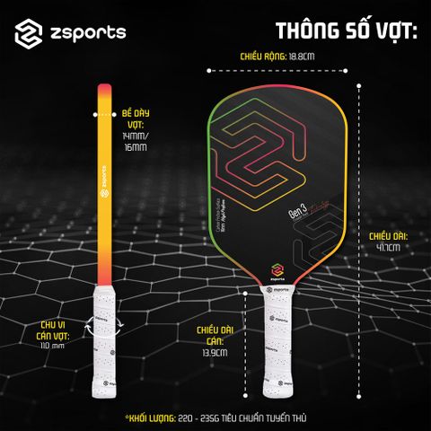 Vợt Pickleball Carbon ZSPORTS Z02 Gen 3 Core Pro Edition 16mm - Thiết kế chính xác cho người chơi chuyên nghiệp