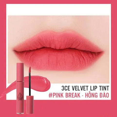 Son Kem Lì 3CE Velvet Lip Tint #Pink Break - Son Môi Dưỡng Ẩm, Chất Kem Mịn Màng, Màu Hồng Tươi Tắn, Phong Cách Trang Điểm Đa Dạng