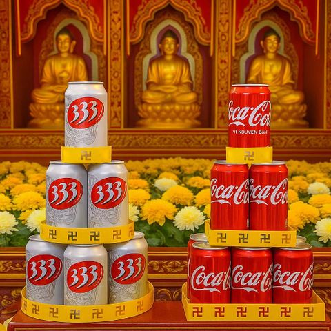 Tháp Bia Nước Ngọt 3 Tầng Vuông/Tròn Bằng Thép Sơn Vàng Cao Cấp - Đồ Cúng Dường Sang Trọng Cho Bàn Thờ Và Chùa