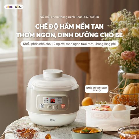 Nồi Nấu Chậm Cách Thủy Bear 0.8L DDZ-A08T8 - Thiết Kế Sang Trọng, An Toàn, Đa Chức Năng Cho Món Ngon Gia Đình