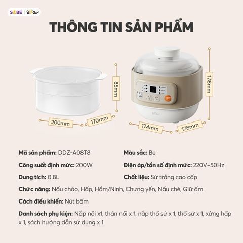 Nồi Nấu Chậm Cách Thủy Bear 0.8L DDZ-A08T8 - Thiết Kế Sang Trọng, An Toàn, Đa Chức Năng Cho Món Ngon Gia Đình