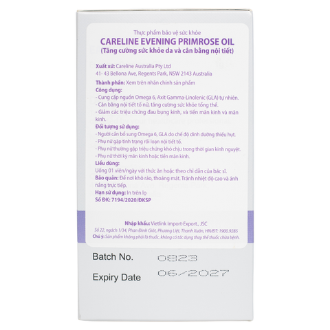 Tinh Dầu Hoa Anh Thảo Careline 1000mg - Hỗ Trợ Cân Bằng Nội Tiết, 60 Viên, Dưỡng Da và Tăng Cường Sức Khỏe Phụ Nữ